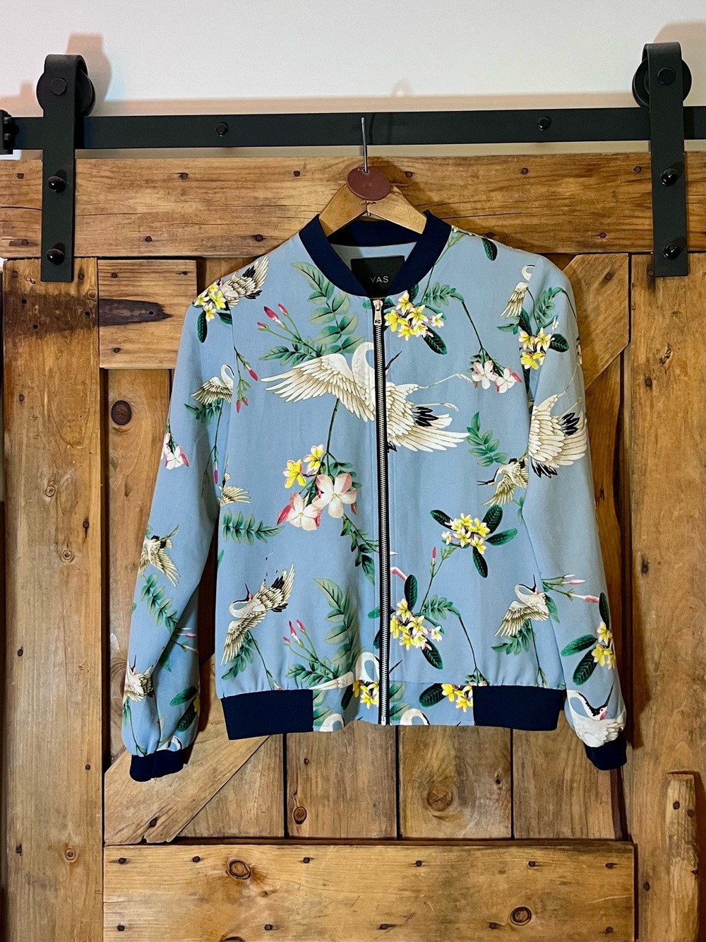 Y.A.S Crane Print Bomber Jacket – Blue Floral Bird Print – Size 38 / M